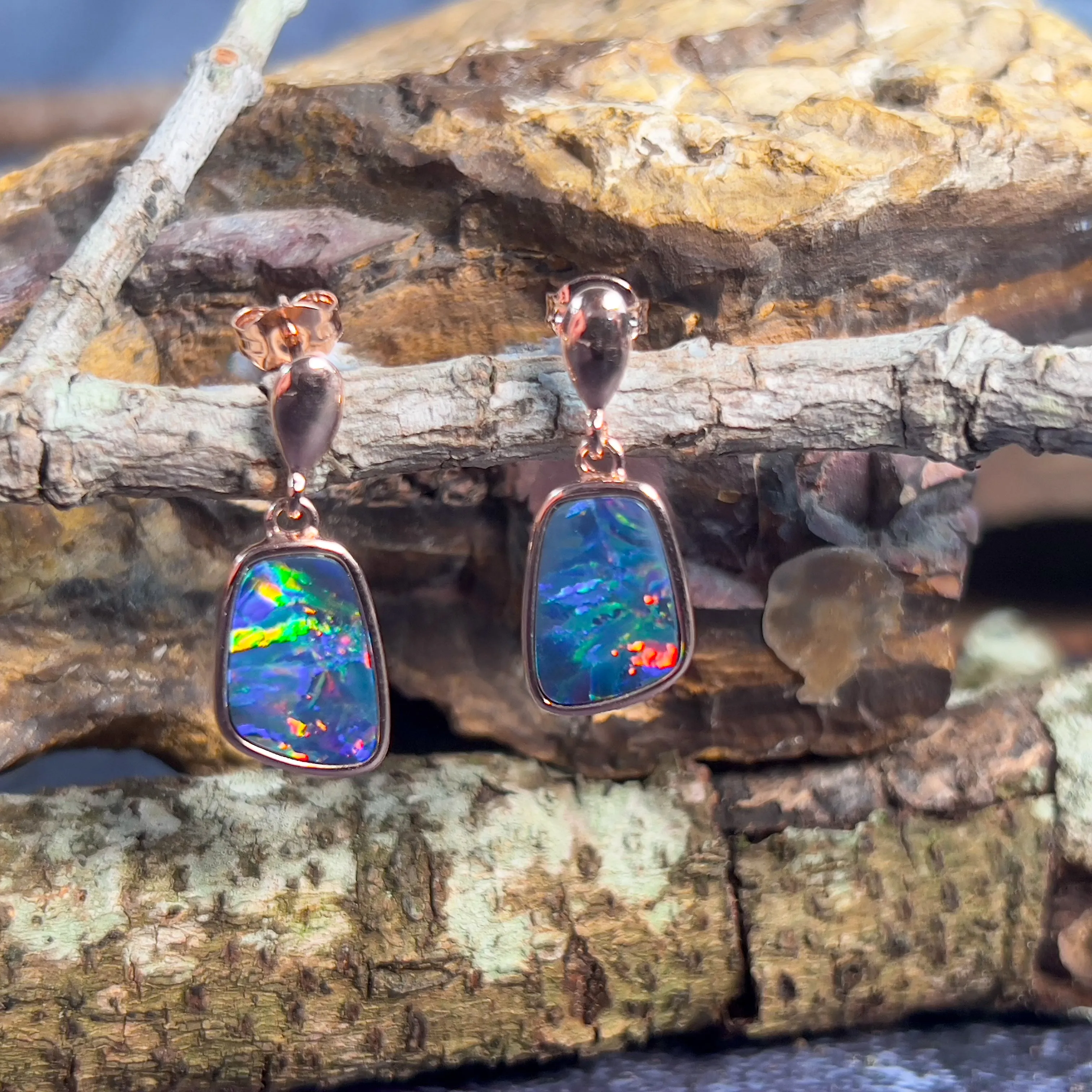 Rose Gold plated sterling silver dangling Opal doublet earrings