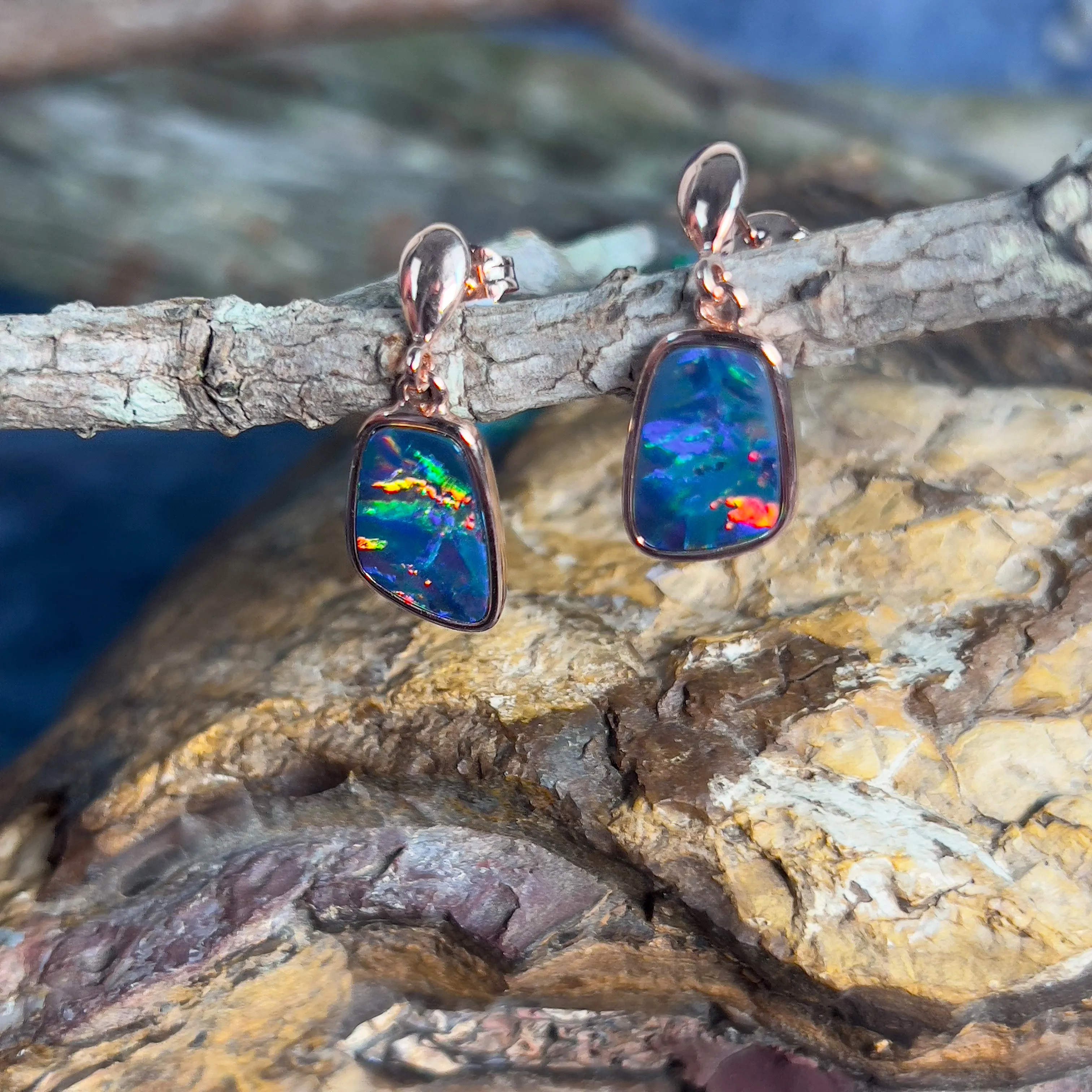 Rose Gold plated sterling silver dangling Opal doublet earrings
