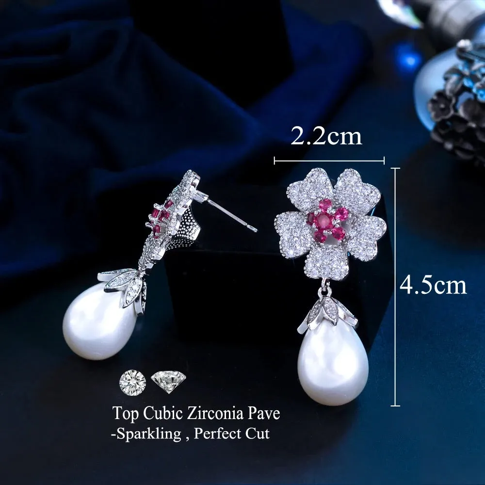 Rose Red Cubic Zirconia Flower Big Imitation Pearl Dangle Drop Earrings