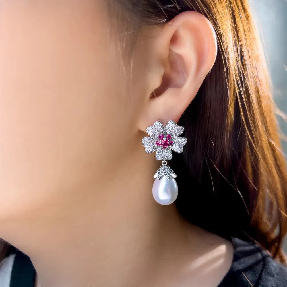 Rose Red Cubic Zirconia Flower Big Imitation Pearl Dangle Drop Earrings