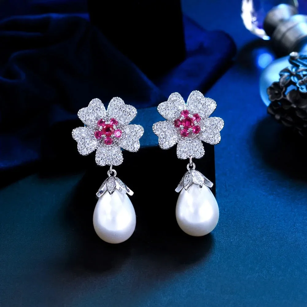 Rose Red Cubic Zirconia Flower Big Imitation Pearl Dangle Drop Earrings