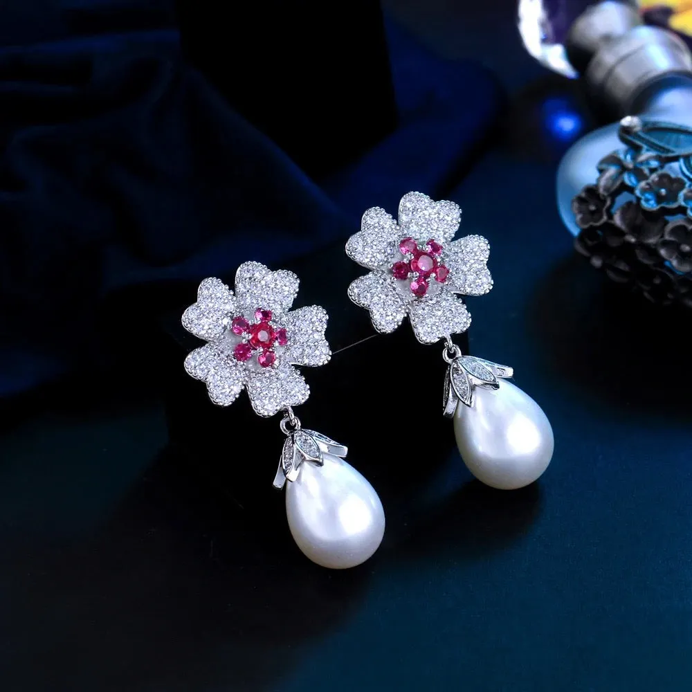 Rose Red Cubic Zirconia Flower Big Imitation Pearl Dangle Drop Earrings