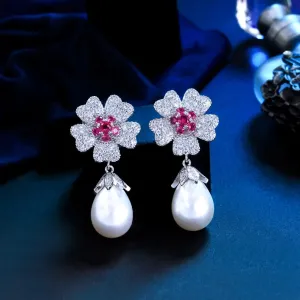 Rose Red Cubic Zirconia Flower Big Imitation Pearl Dangle Drop Earrings