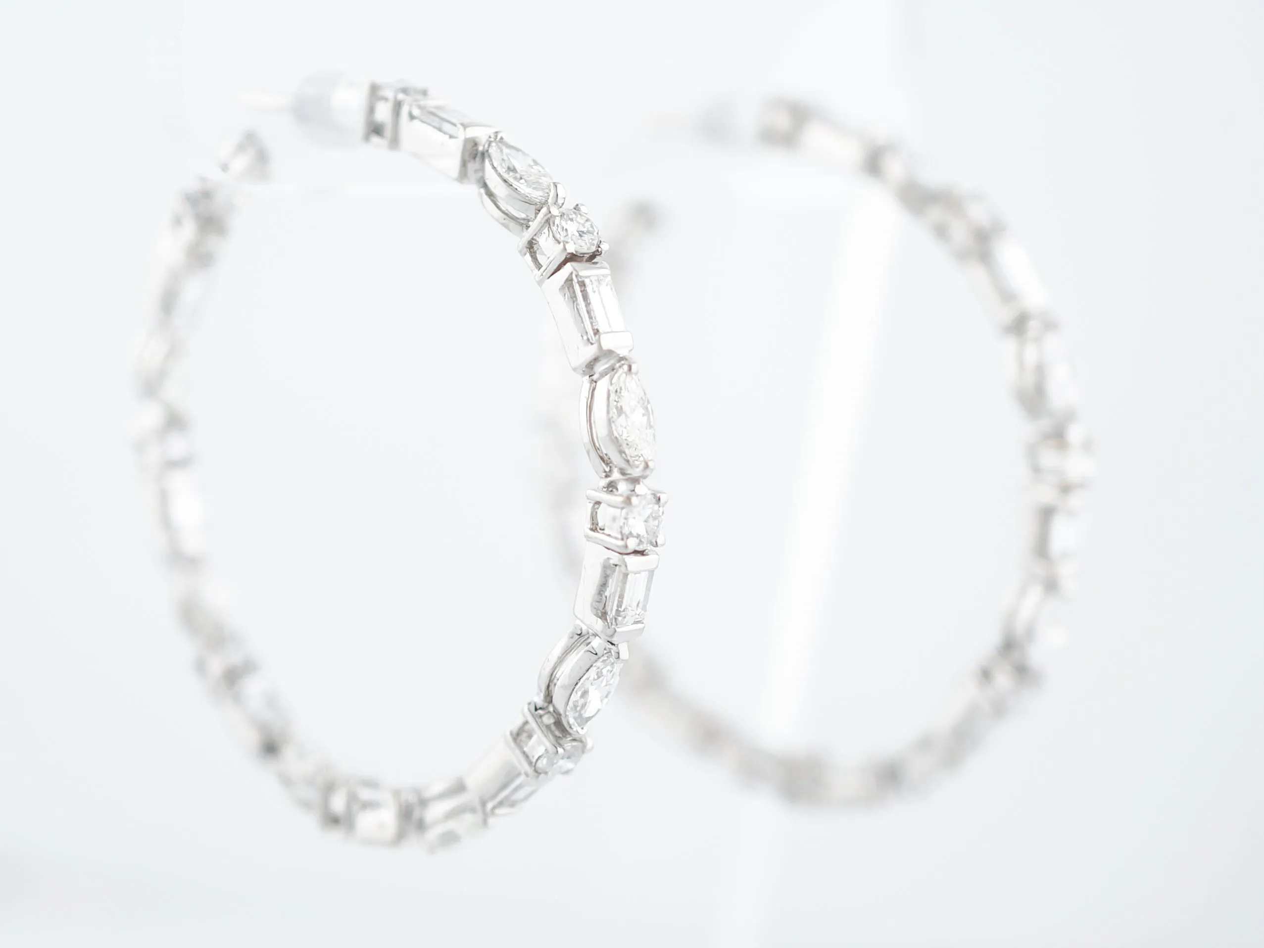 ***RTV***Hoop Earrings Modern 4.95 Marquise, Round & Baguette Cut Diamonds in 18K White Gold