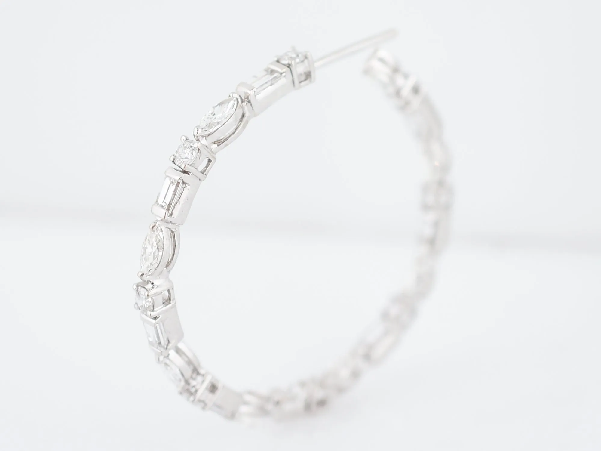 ***RTV***Hoop Earrings Modern 4.95 Marquise, Round & Baguette Cut Diamonds in 18K White Gold