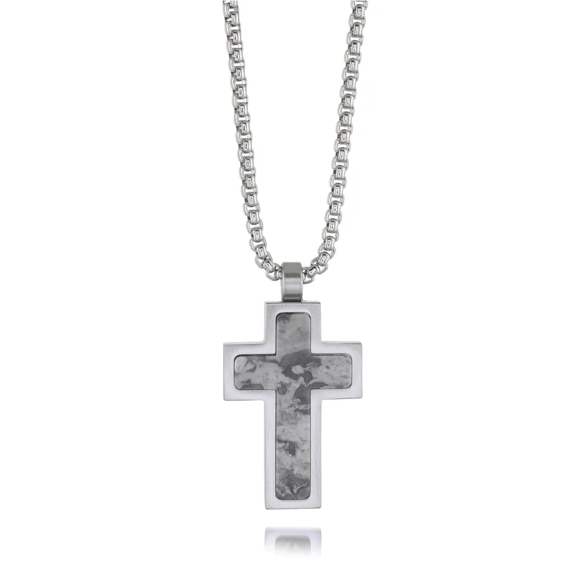 Stainlees Steel Matte Grey Marble Stone Cross Necklace | Italgem Steel