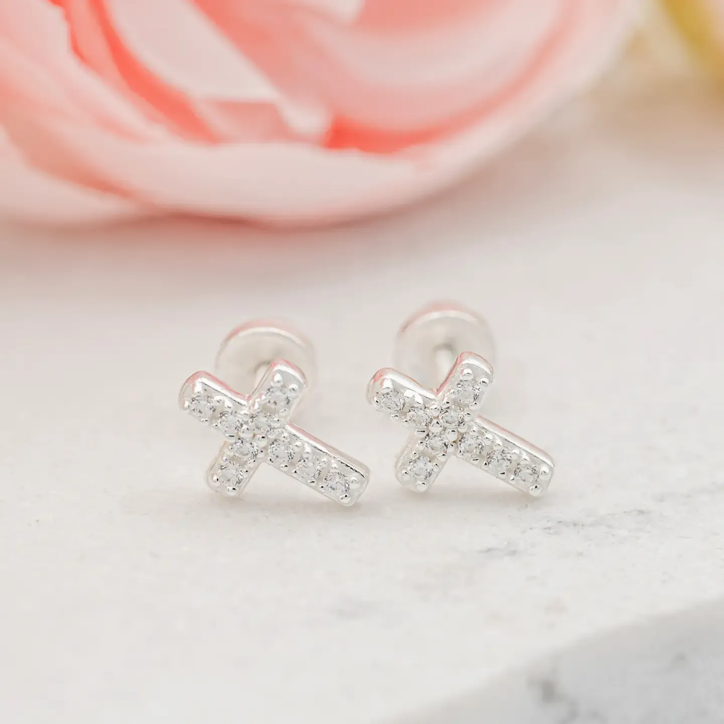 Sterling Silver Cross Earrings - Clear