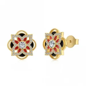 Sterling Silver Gold Plated Sparkling Zirconia Lucky 4 Leaf Stud Earrings ERLE075