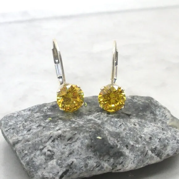 Sunshine Yellow CZ Leverback Earrings - Sterling Silver