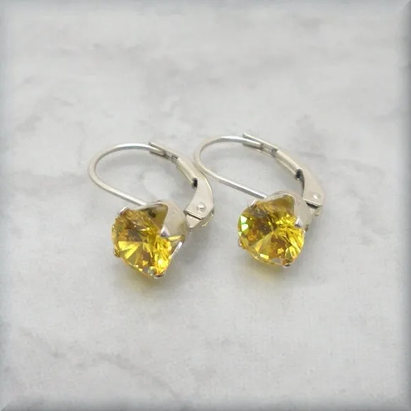 Sunshine Yellow CZ Leverback Earrings - Sterling Silver