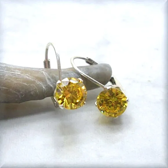 Sunshine Yellow CZ Leverback Earrings - Sterling Silver