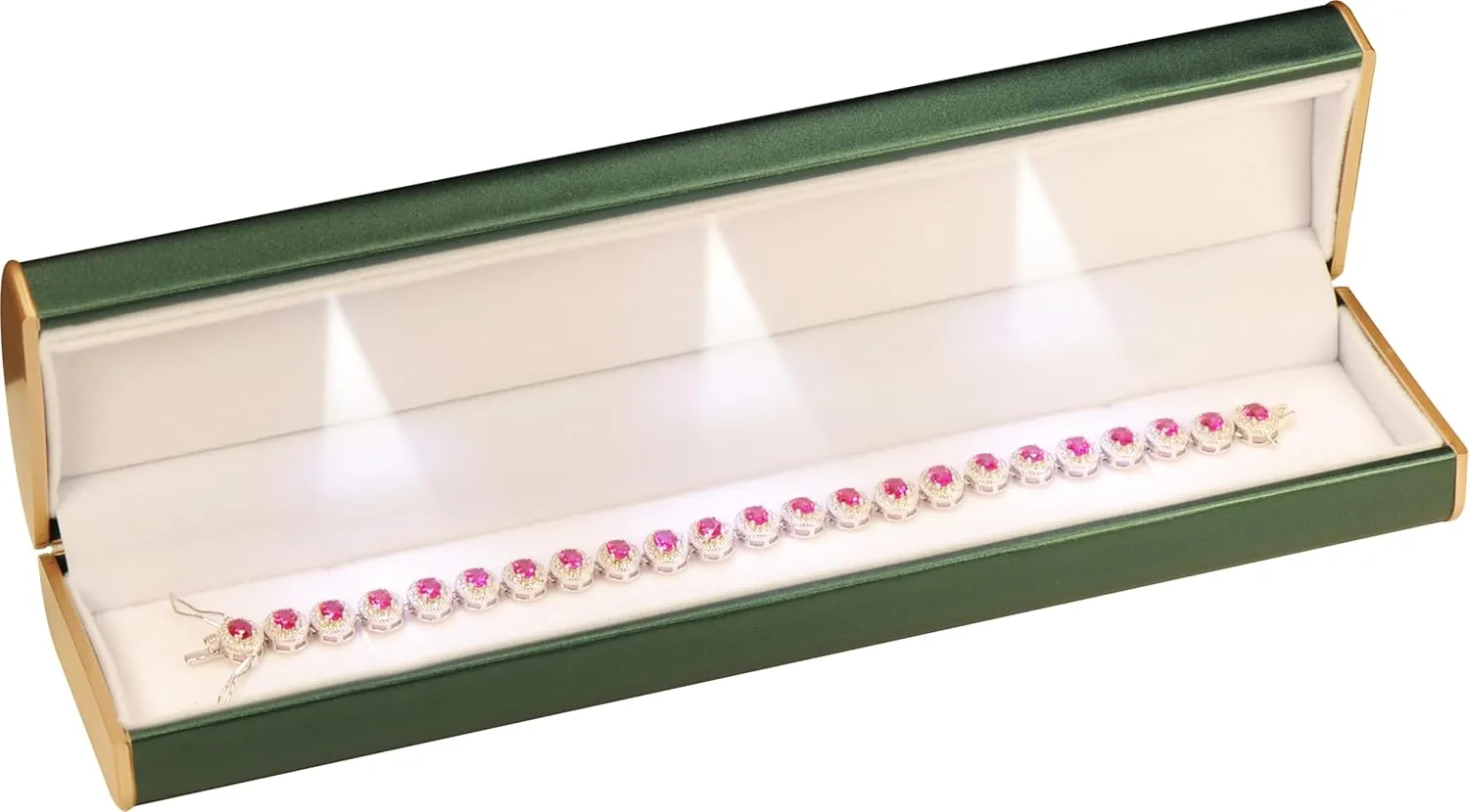 Three LED Lights Bracelet Box Luxury PU Leather Dome Top Designed with Gold Color Painted on the Sides Bracelet Necklace Anklet Jewelry Gift Storage Holder Box for Women for Men (Green)