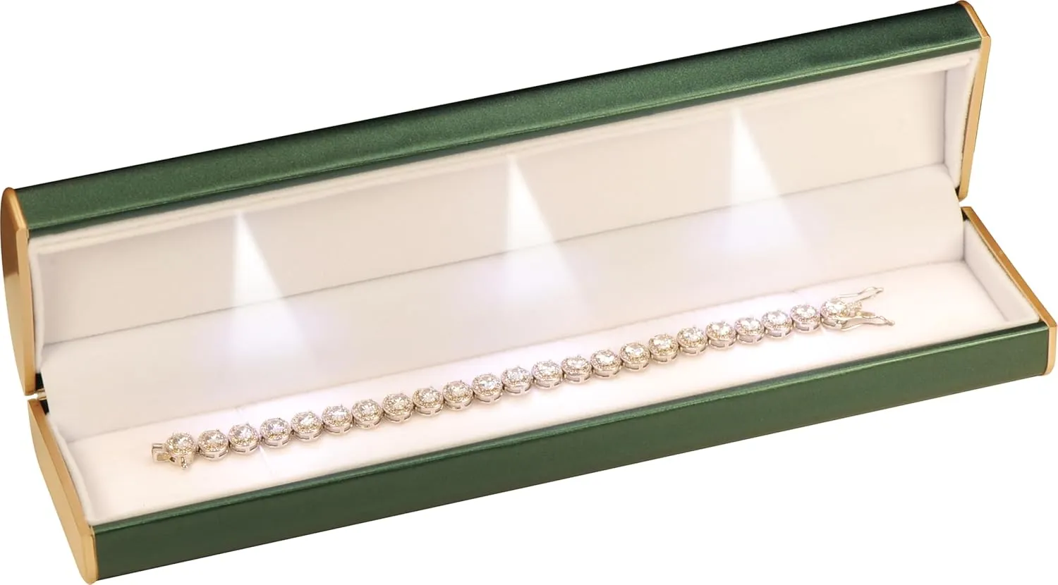 Three LED Lights Bracelet Box Luxury PU Leather Dome Top Designed with Gold Color Painted on the Sides Bracelet Necklace Anklet Jewelry Gift Storage Holder Box for Women for Men (Green)