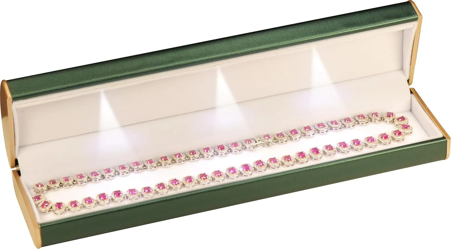 Three LED Lights Bracelet Box Luxury PU Leather Dome Top Designed with Gold Color Painted on the Sides Bracelet Necklace Anklet Jewelry Gift Storage Holder Box for Women for Men (Green)