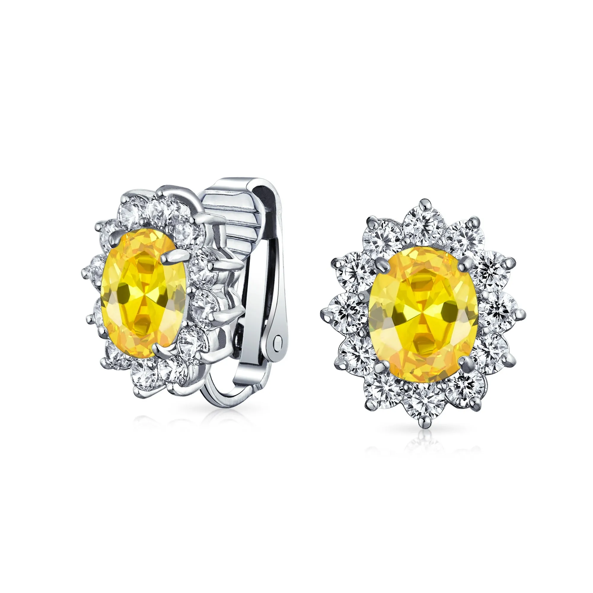 Traditional Bridal CZ Halo Oval Stud Clip-On Earrings for Non-Pierced Ears