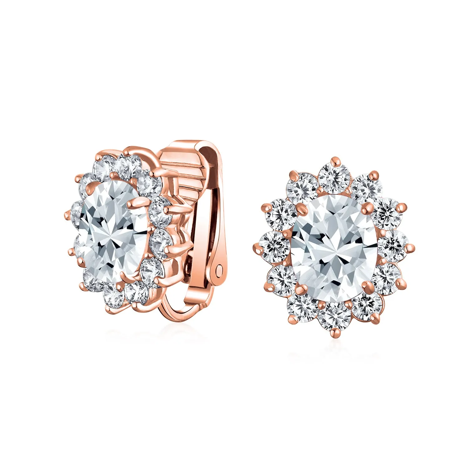 Traditional Bridal CZ Halo Oval Stud Clip-On Earrings for Non-Pierced Ears