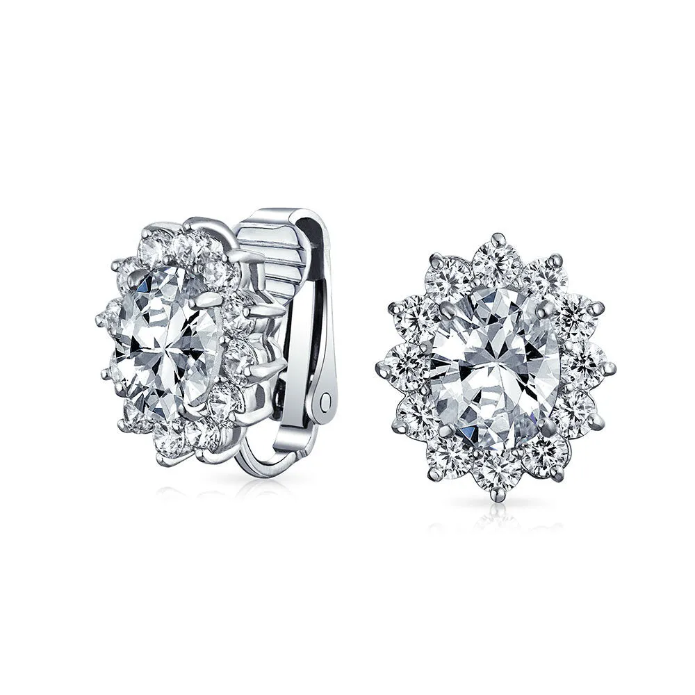 Traditional Bridal CZ Halo Oval Stud Clip-On Earrings for Non-Pierced Ears