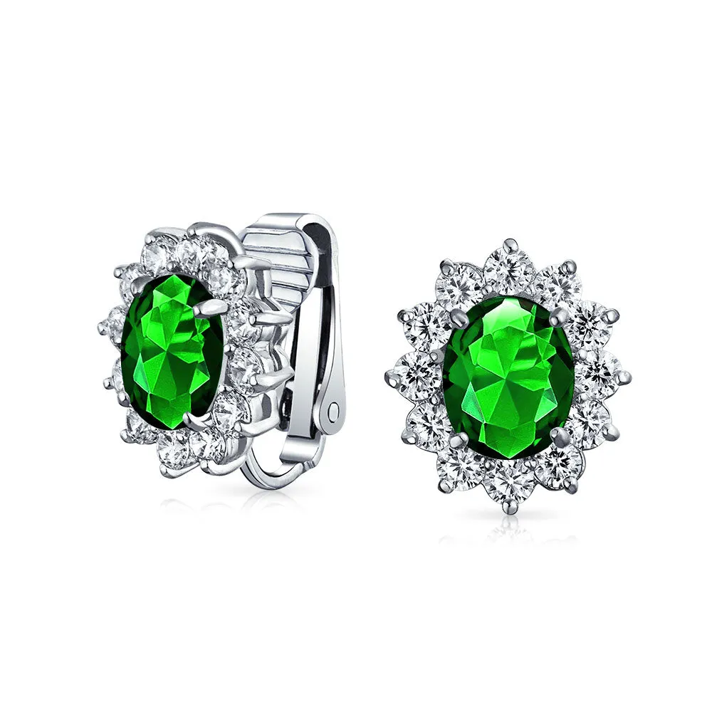 Traditional Bridal CZ Halo Oval Stud Clip-On Earrings for Non-Pierced Ears