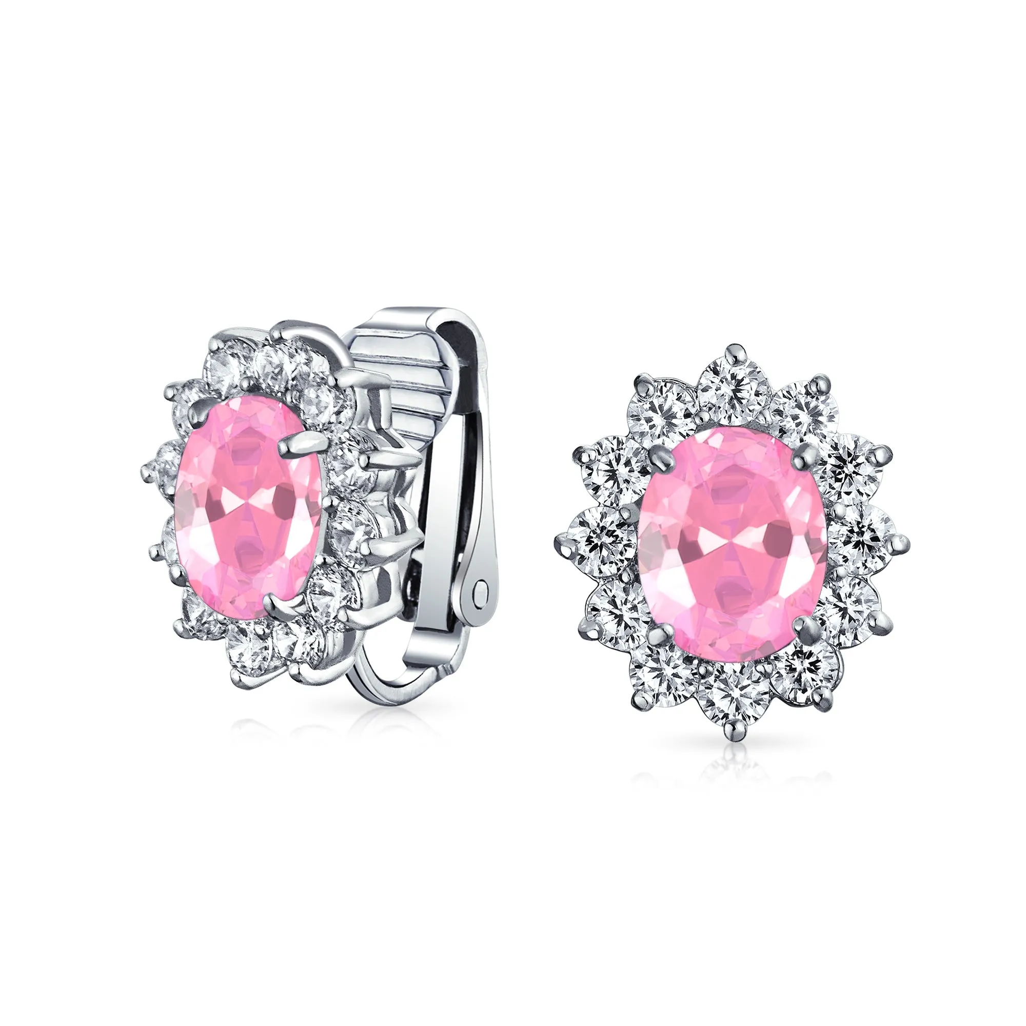 Traditional Bridal CZ Halo Oval Stud Clip-On Earrings for Non-Pierced Ears