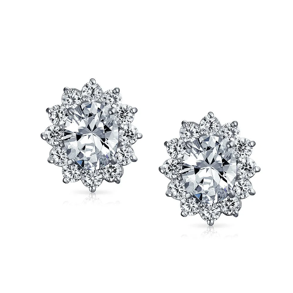 Traditional Bridal CZ Halo Oval Stud Clip-On Earrings for Non-Pierced Ears