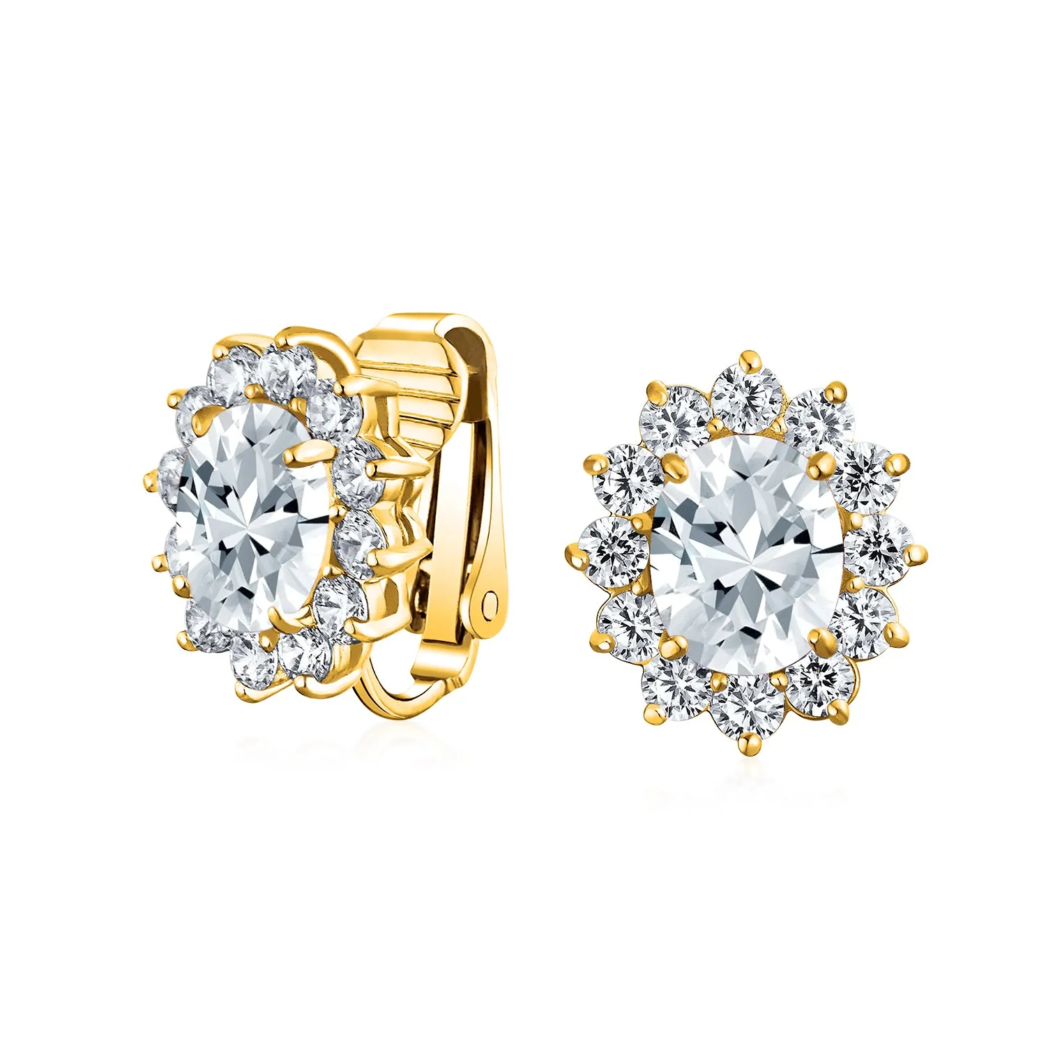 Traditional Bridal CZ Halo Oval Stud Clip-On Earrings for Non-Pierced Ears
