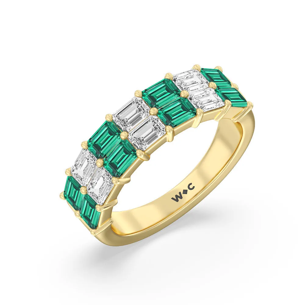 Two Row Created Emerald and Emerald Shape Diamond East-West Anniversary Ring