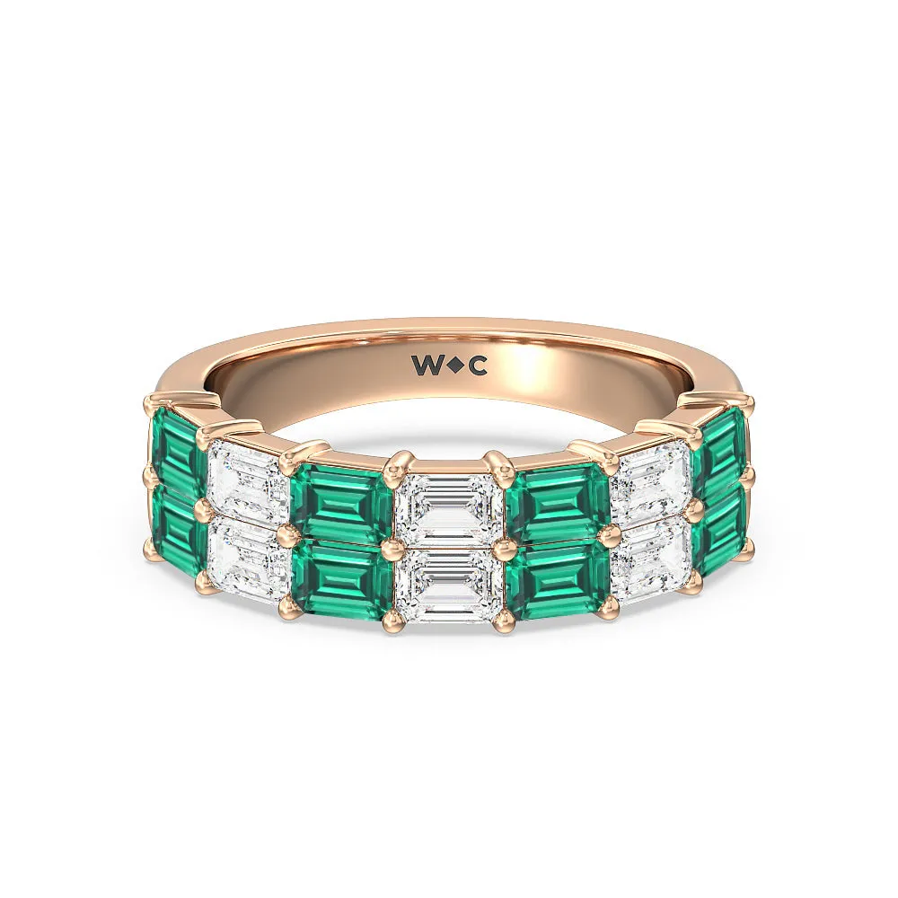 Two Row Created Emerald and Emerald Shape Diamond East-West Anniversary Ring