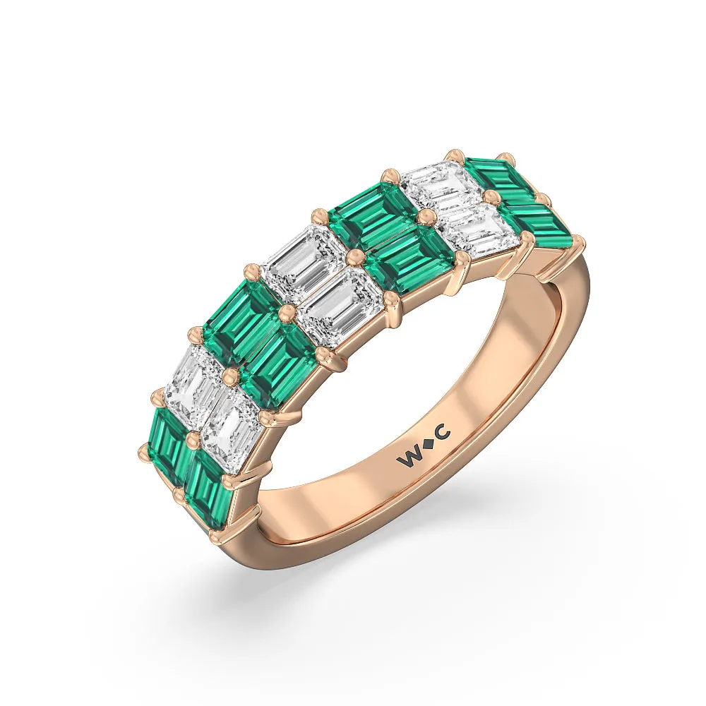 Two Row Created Emerald and Emerald Shape Diamond East-West Anniversary Ring