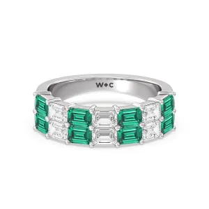 Two Row Created Emerald and Emerald Shape Diamond East-West Anniversary Ring