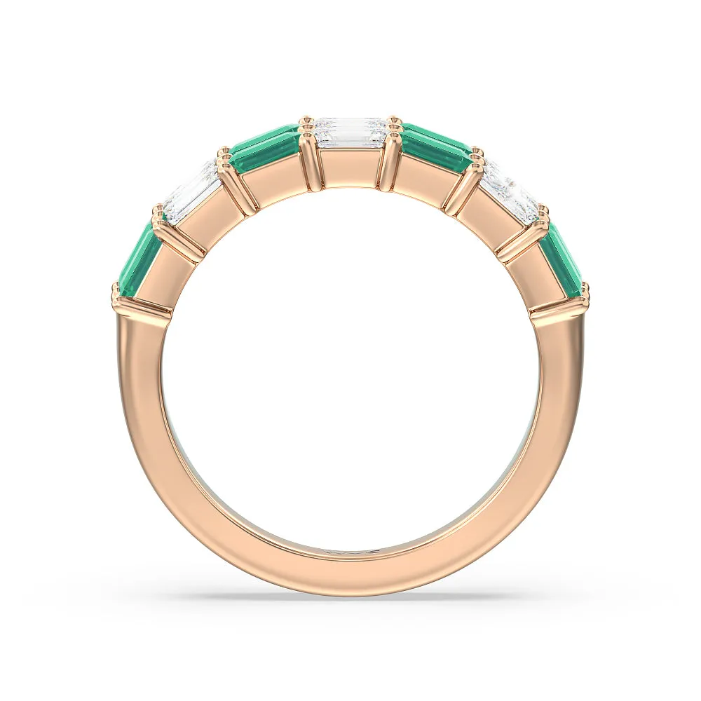 Two Row Created Emerald and Emerald Shape Diamond East-West Anniversary Ring