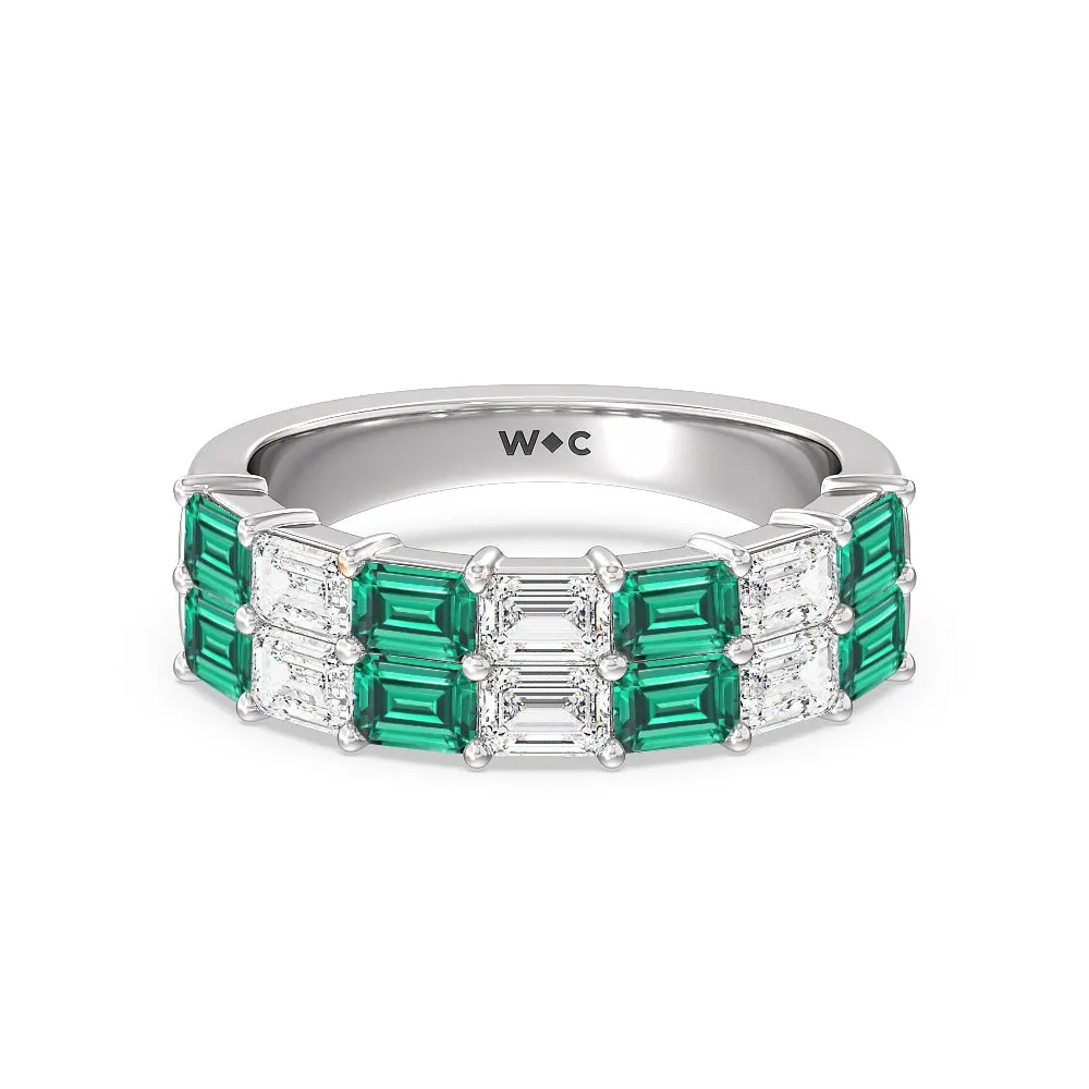 Two Row Created Emerald and Emerald Shape Diamond East-West Anniversary Ring