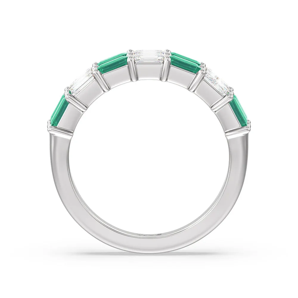 Two Row Created Emerald and Emerald Shape Diamond East-West Anniversary Ring