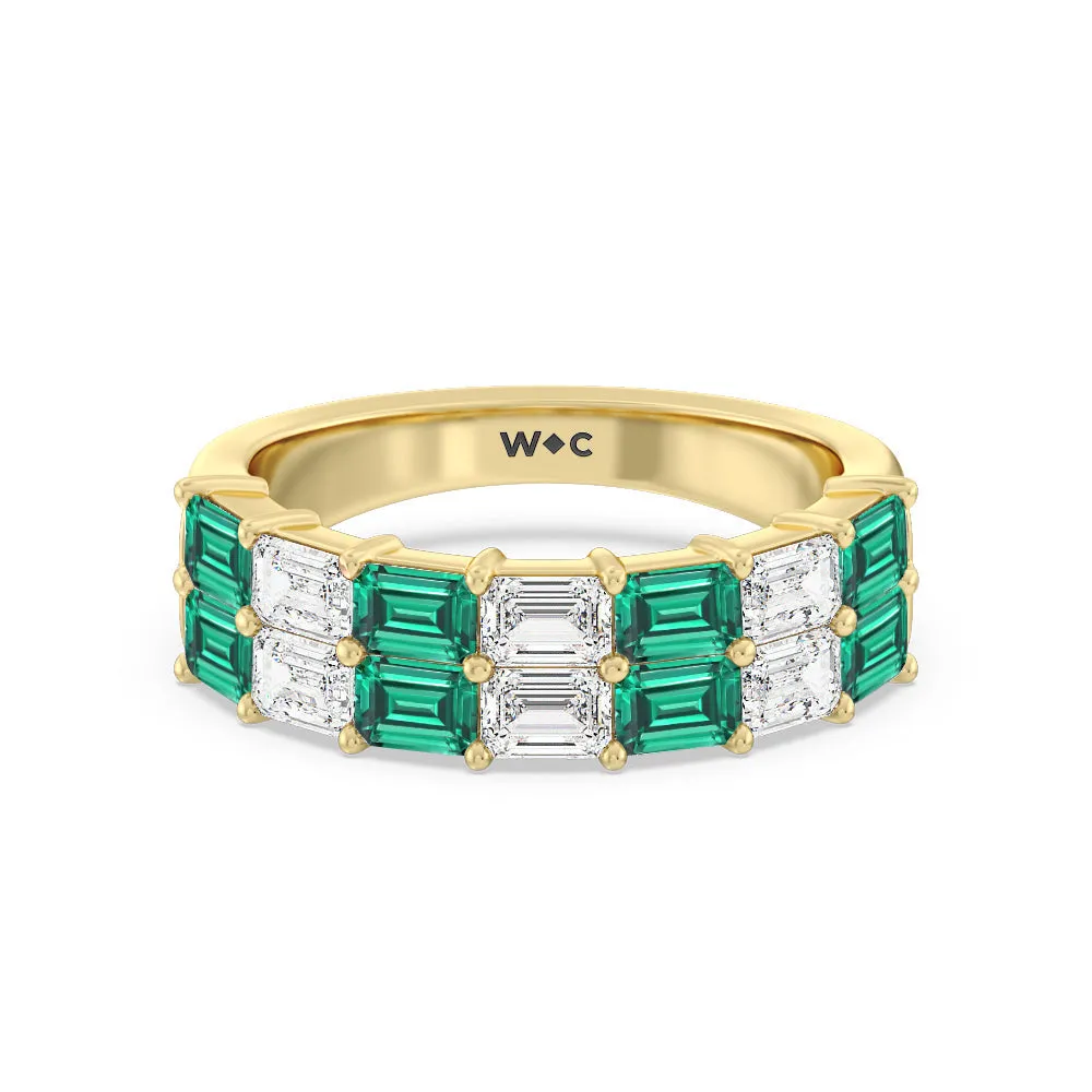 Two Row Created Emerald and Emerald Shape Diamond East-West Anniversary Ring