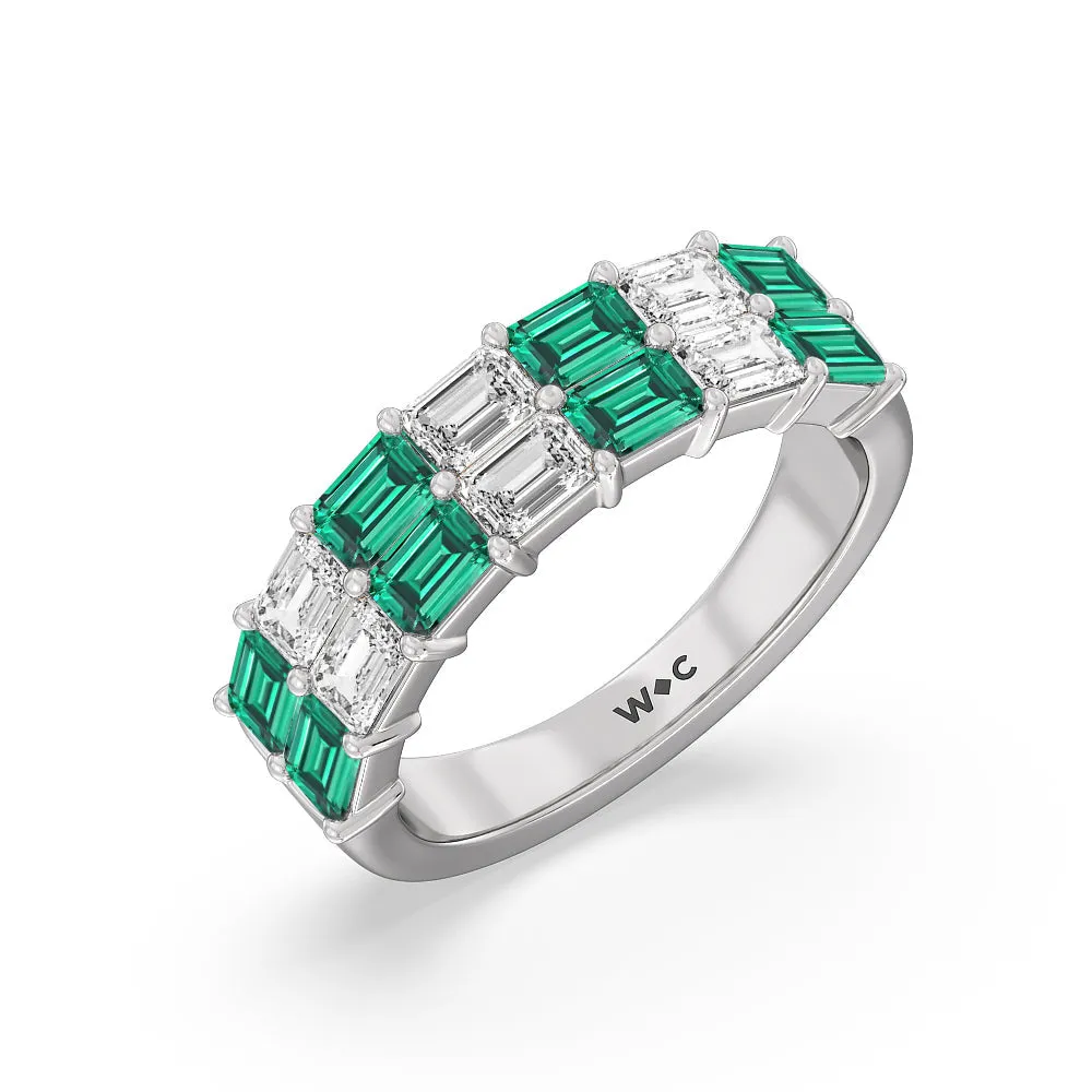 Two Row Created Emerald and Emerald Shape Diamond East-West Anniversary Ring