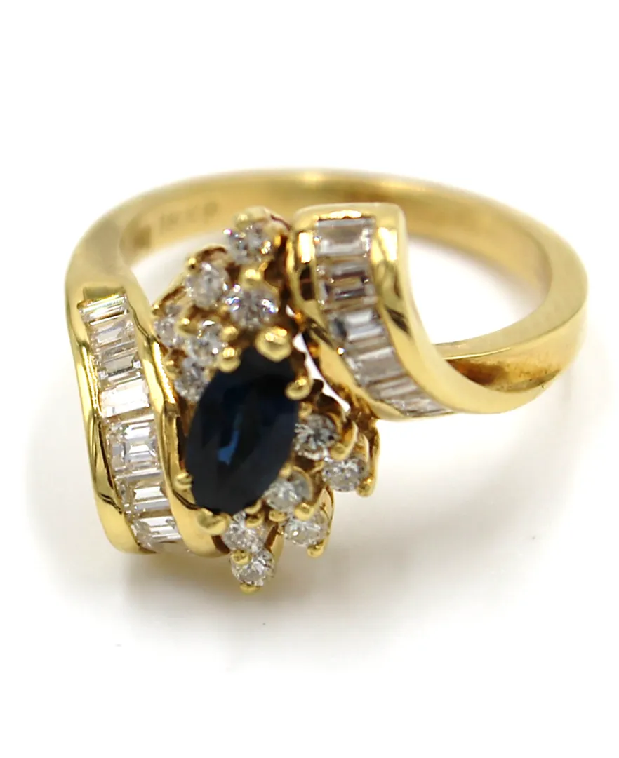 Vintage Marquise Sapphire Ring with Diamonds in 18K Gold