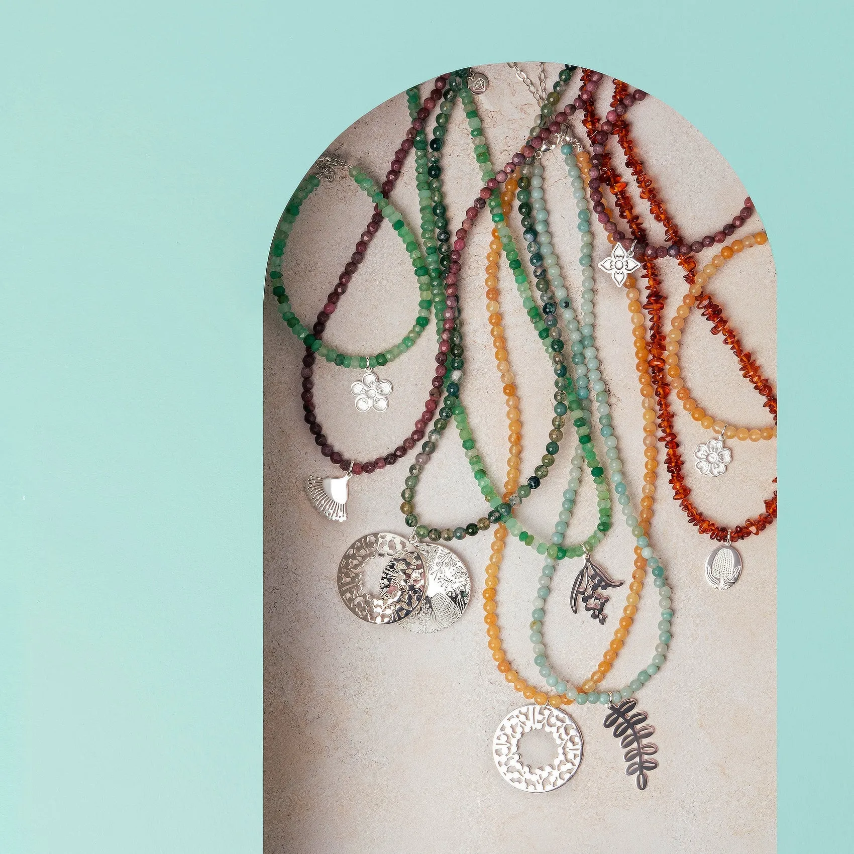 Wattle Branch Silver Pendant on Chrysoprase Beaded Necklace