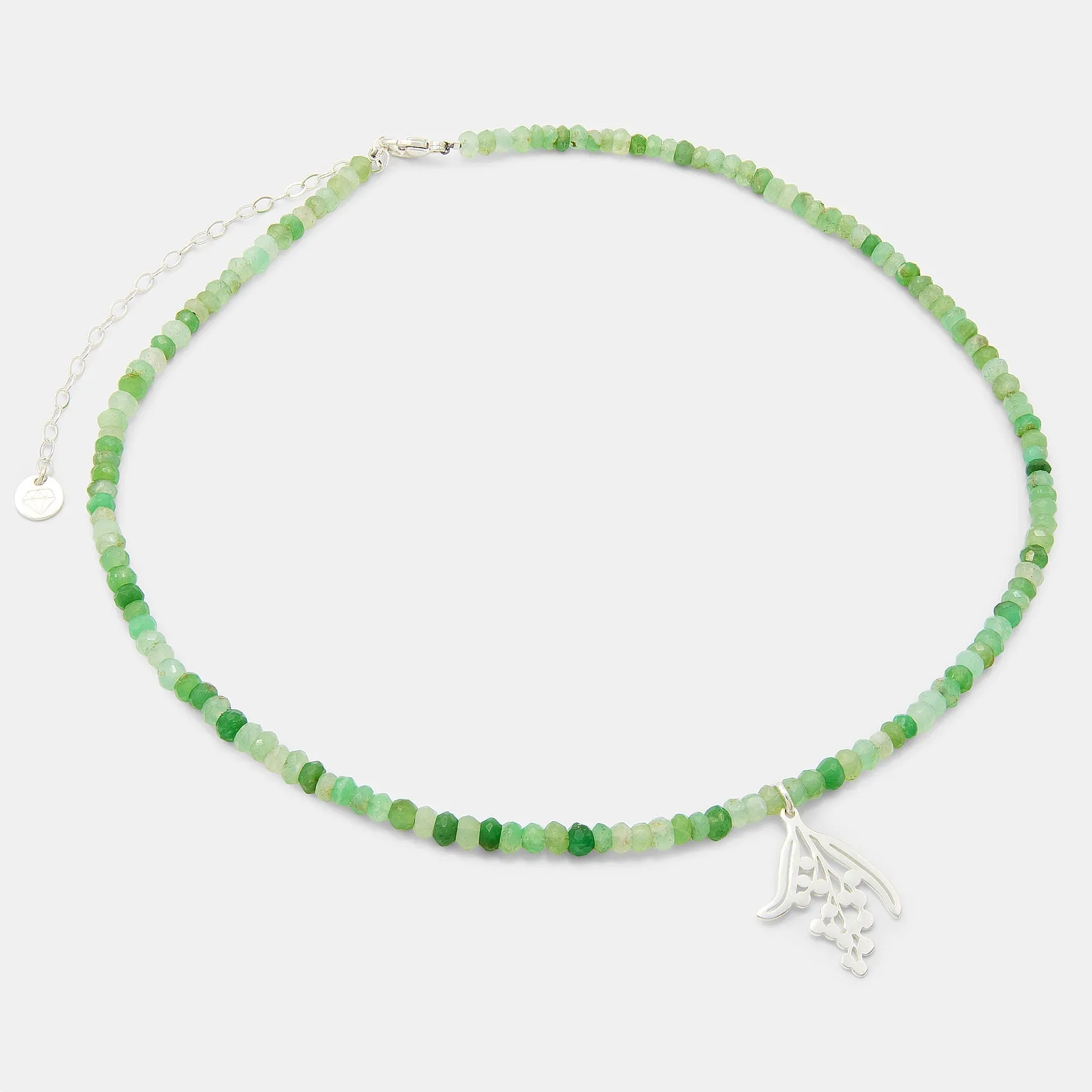 Wattle Branch Silver Pendant on Chrysoprase Beaded Necklace