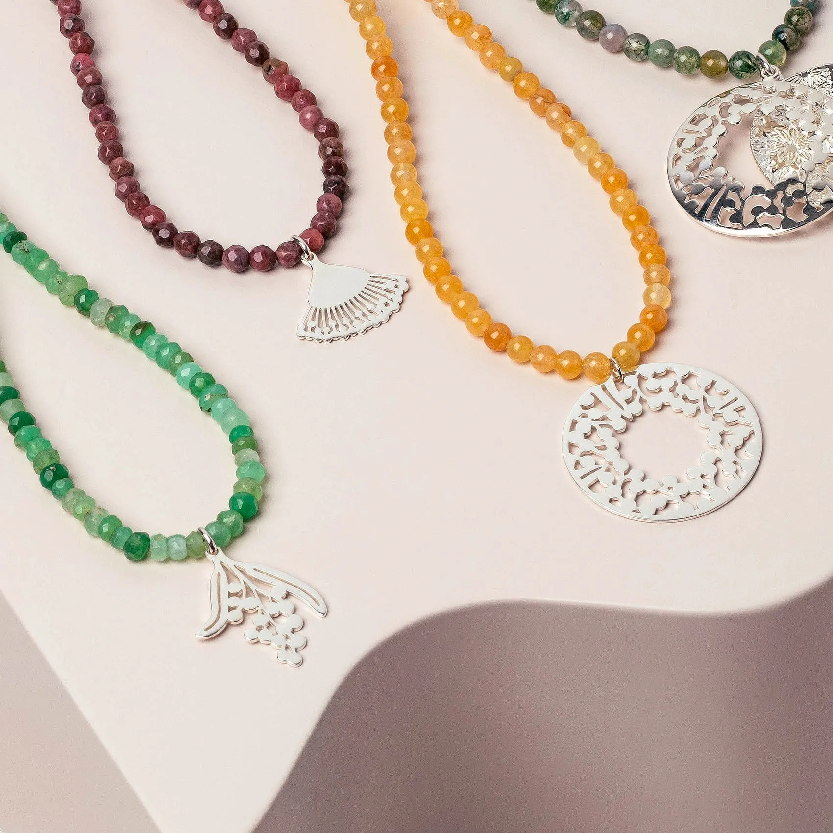 Wattle Branch Silver Pendant on Chrysoprase Beaded Necklace
