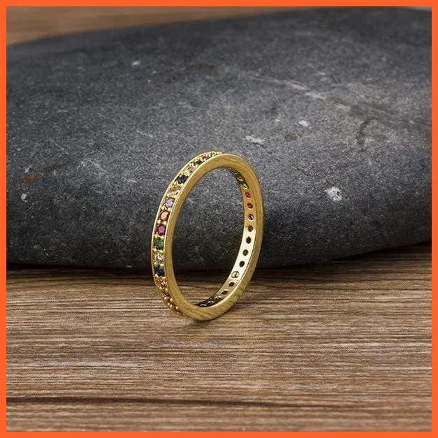 Women'S Colorful Eternity Band Ring Thin Skinny Birthstone Rainbow Color Ring