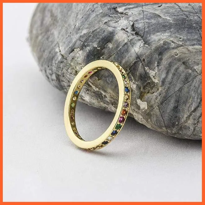 Women'S Colorful Eternity Band Ring Thin Skinny Birthstone Rainbow Color Ring